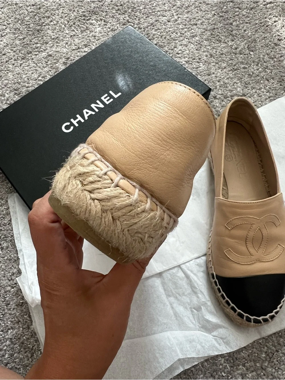 CHANEL Women's Beige and Black Leather Espadrille Flats